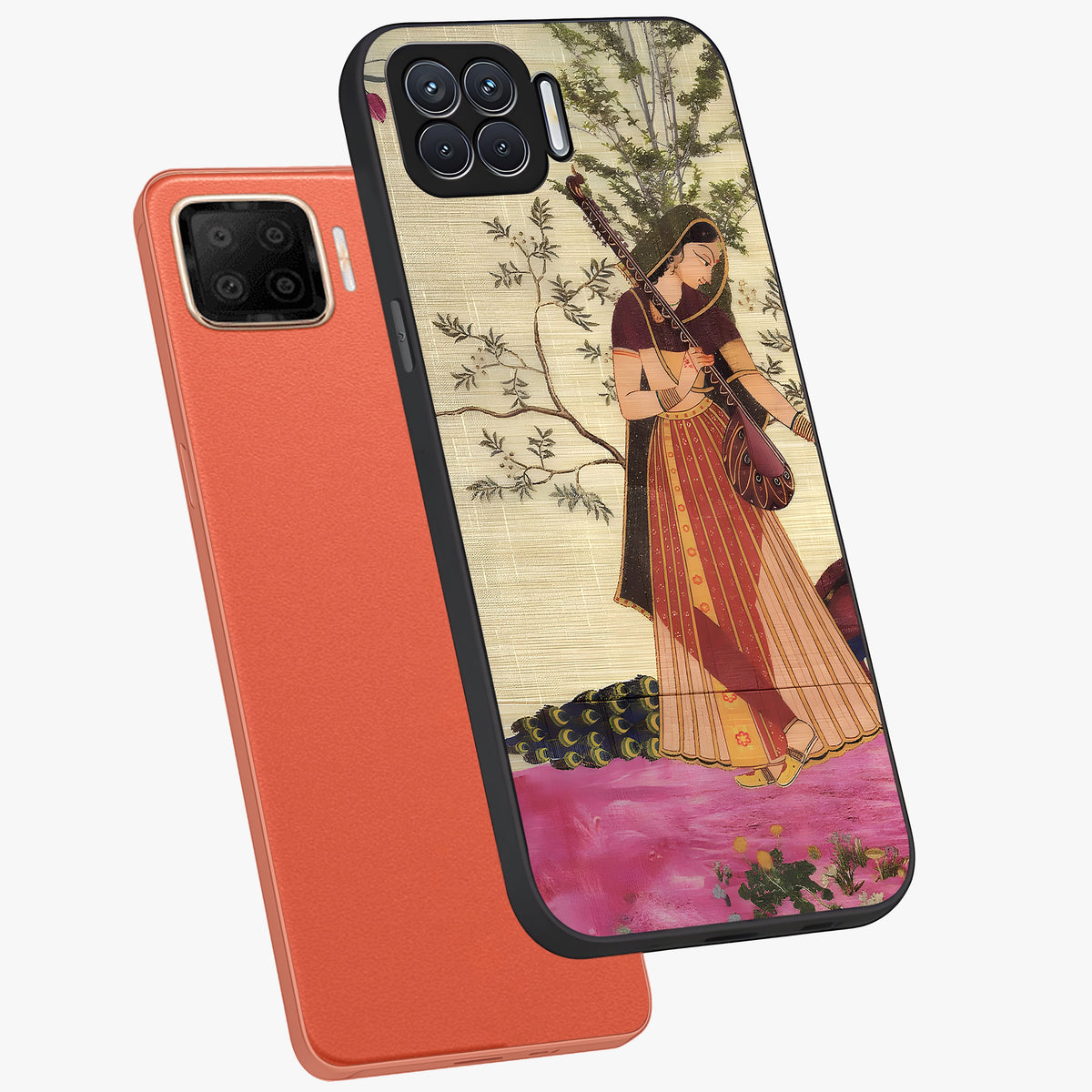Lady With Veena Art Glass Case displayed in angled mockup highlighting graceful musical illustration with cultural artistic aesthetic.