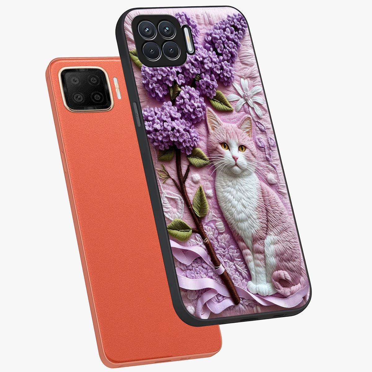 Lavender Cat Whimsy Glass Case displayed in angled mockup highlighting playful feline illustration with pastel lavender aesthetic.
