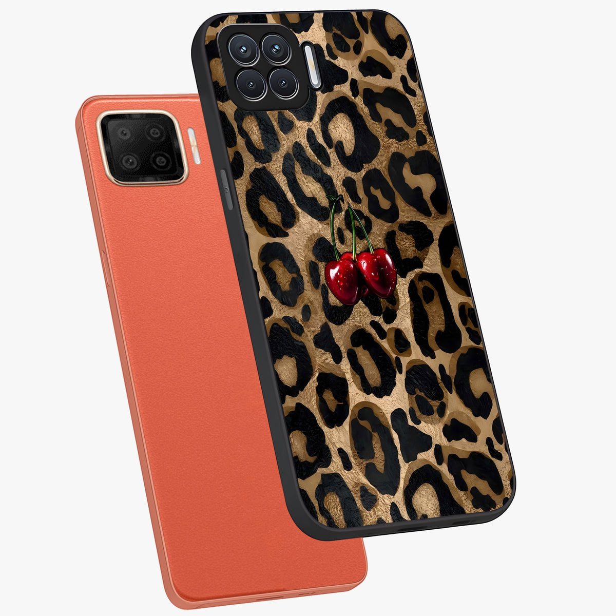 Leopard Wild Cherry Glass Case displayed in angled mockup highlighting bold animal print design with playful cherry aesthetic.