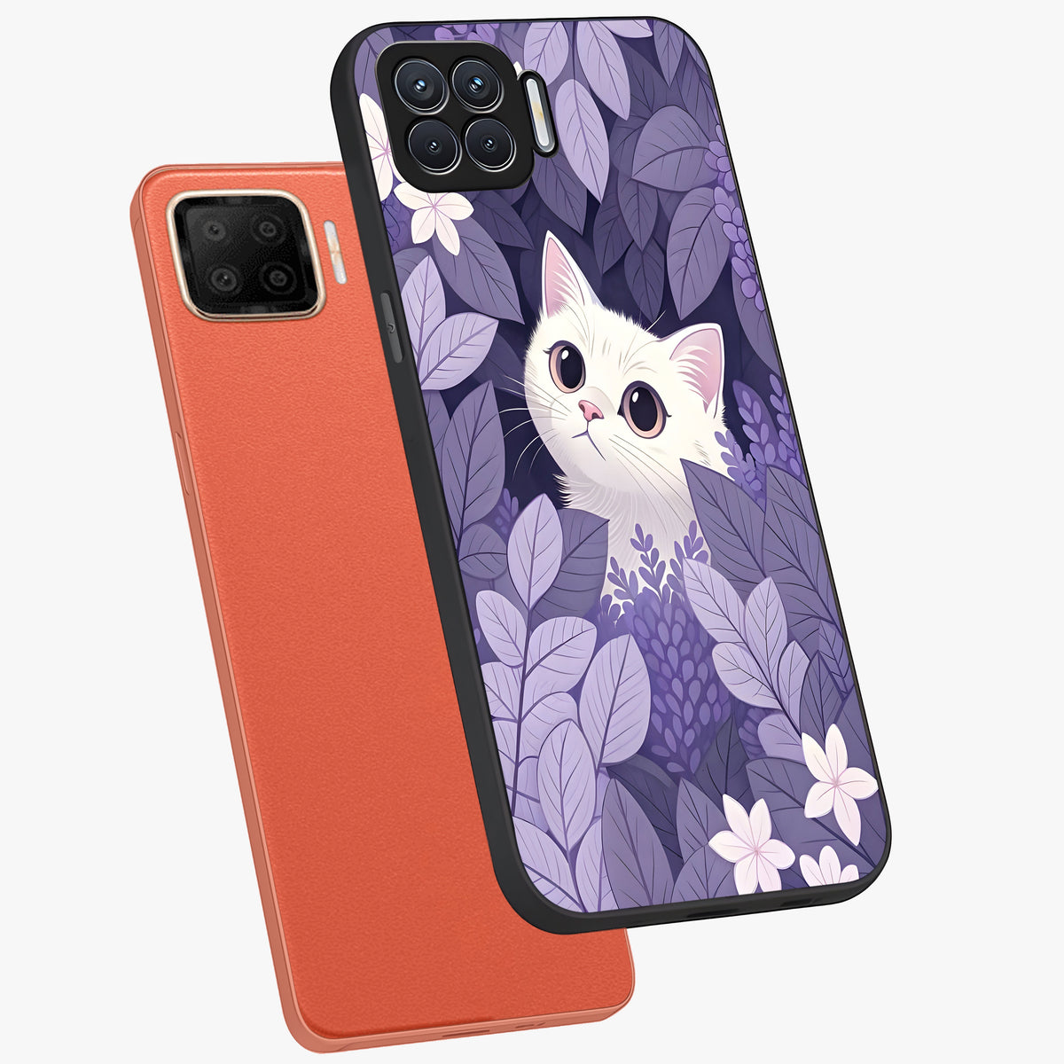 Lilac Hide Peek Cat Glass Case displayed in angled mockup highlighting playful feline illustration with lilac aesthetic design.