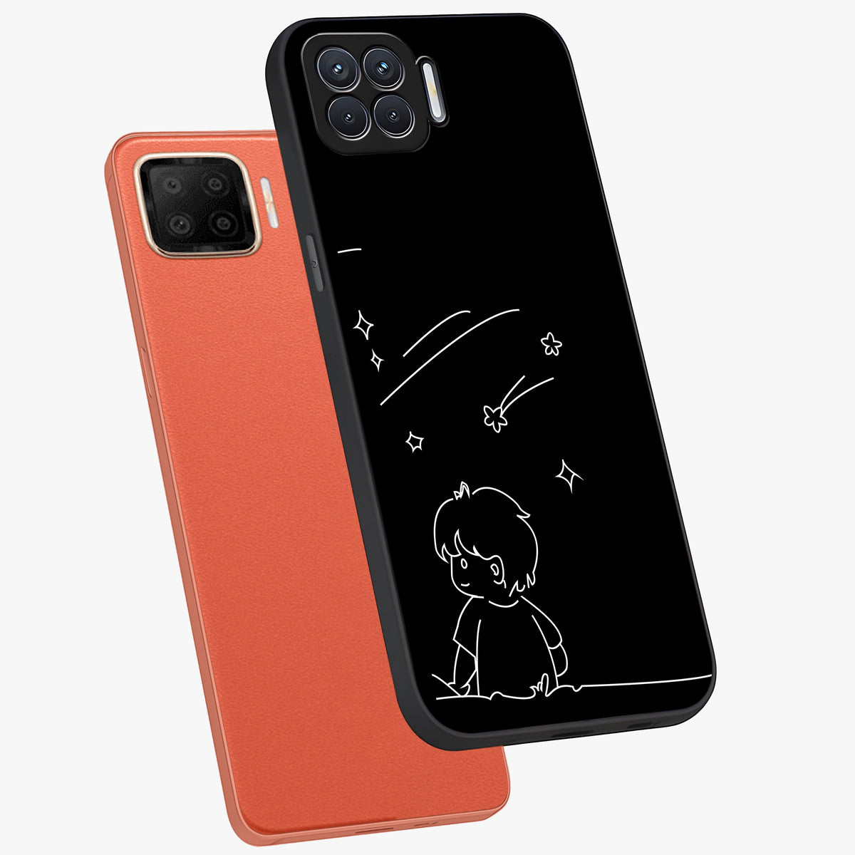 Line Art Boy With Shooting Stars Glass Case displayed in angled mockup highlighting elegant line art design with dreamy star aesthetic.