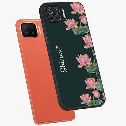 Lotus Bloom Serenity Custom Name Glass Case displayed in angled mockup highlighting graceful lotus illustration with custom name feature.