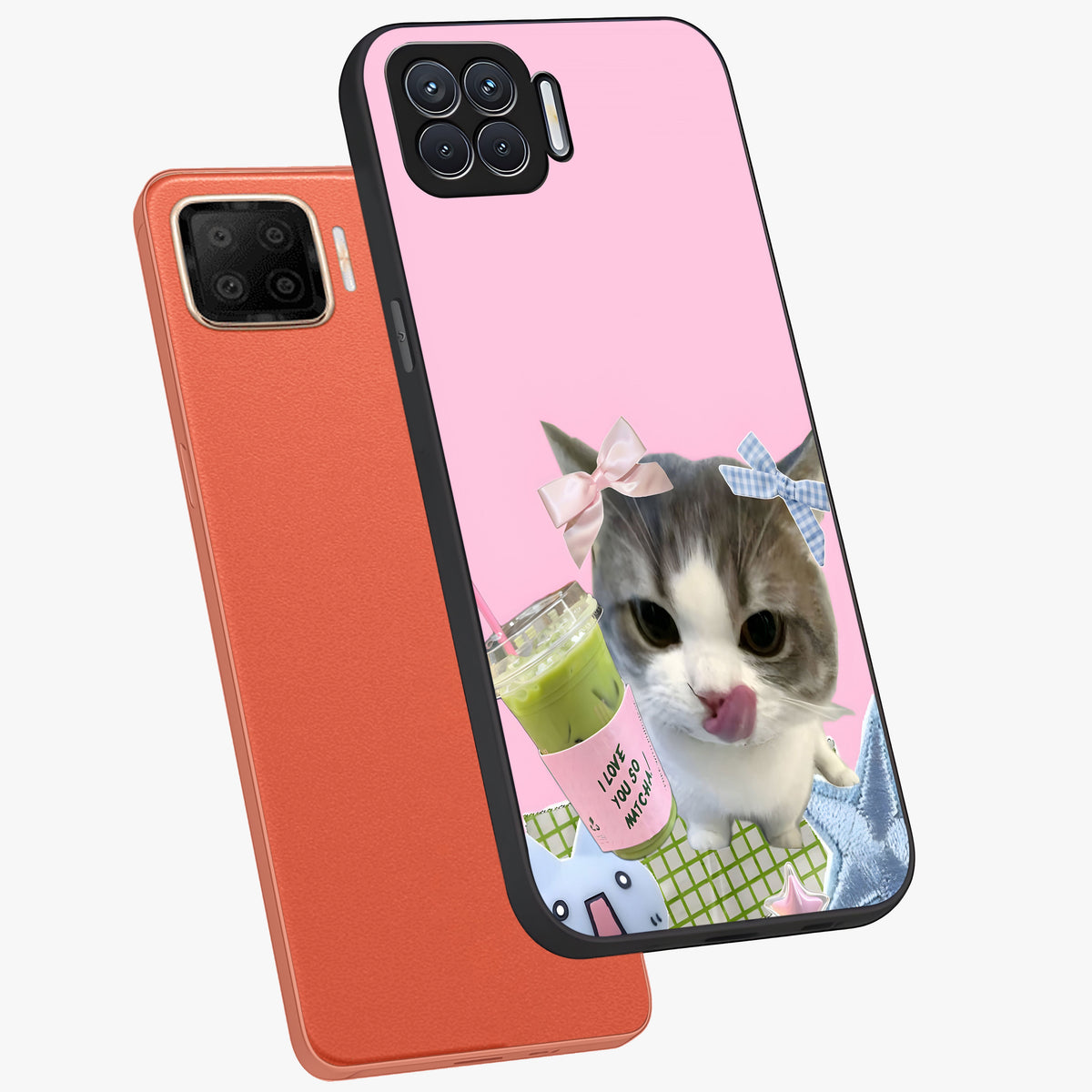 Love Matcha Cat Glass Case displayed in angled mockup highlighting playful feline illustration with cozy matcha aesthetic.