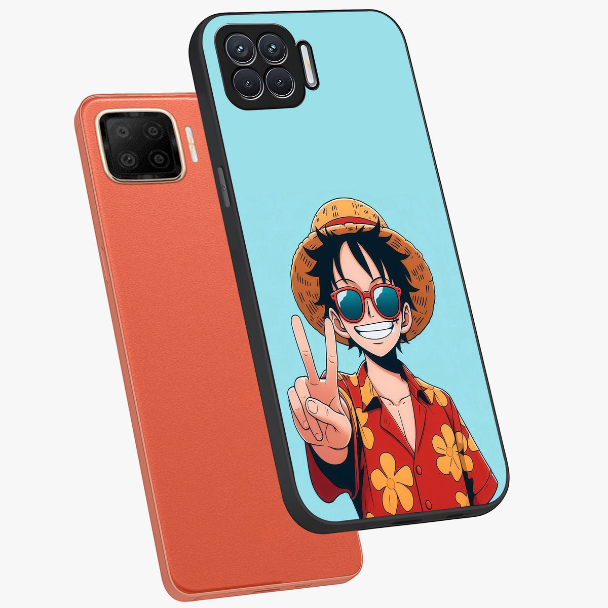 Luffy Summer Anime Vibe Glass Case displayed in angled mockup highlighting energetic anime illustration with summer vibe aesthetic.