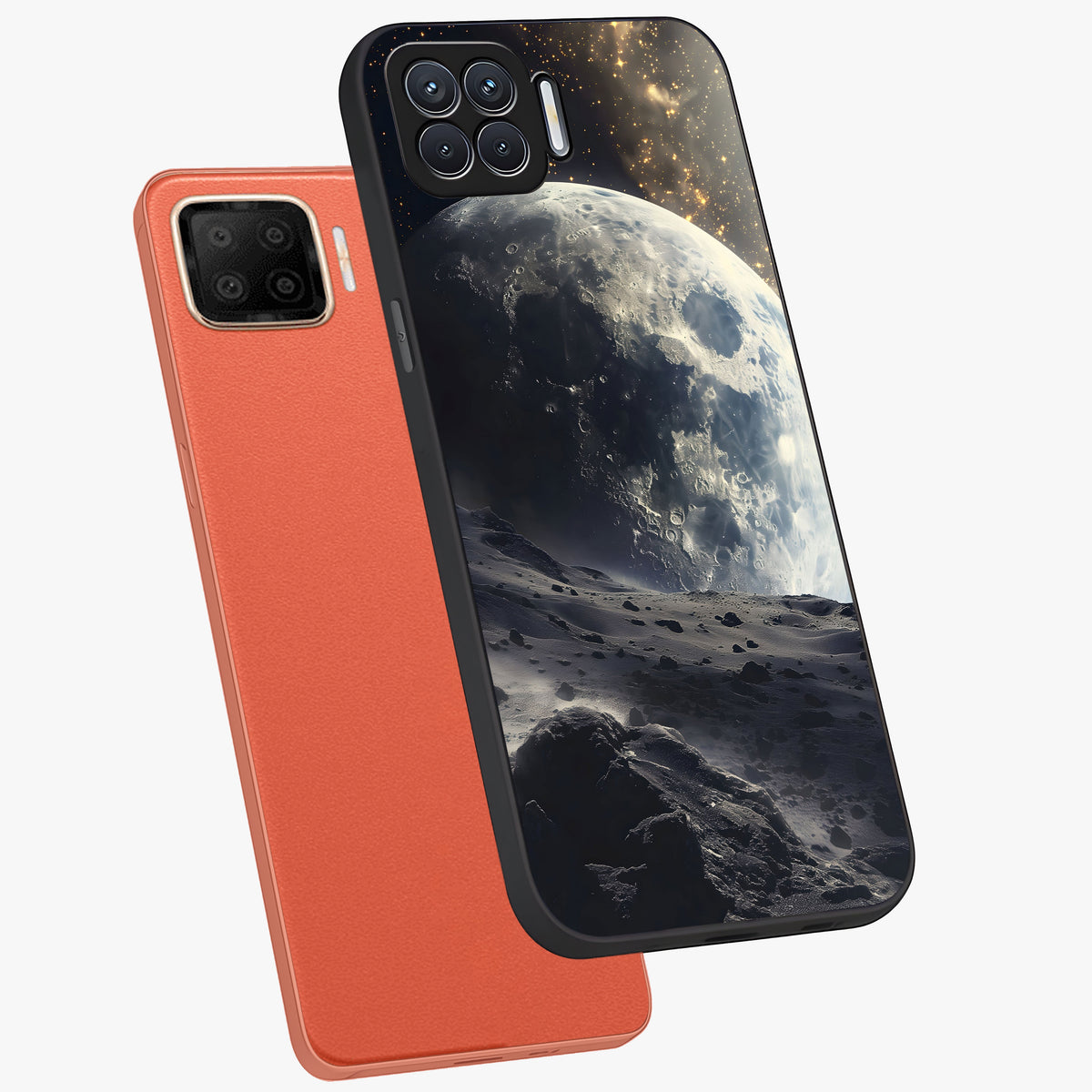 Lunar Horizon Glow Glass Case displayed in angled mockup highlighting celestial moon design with dreamy night aesthetic.