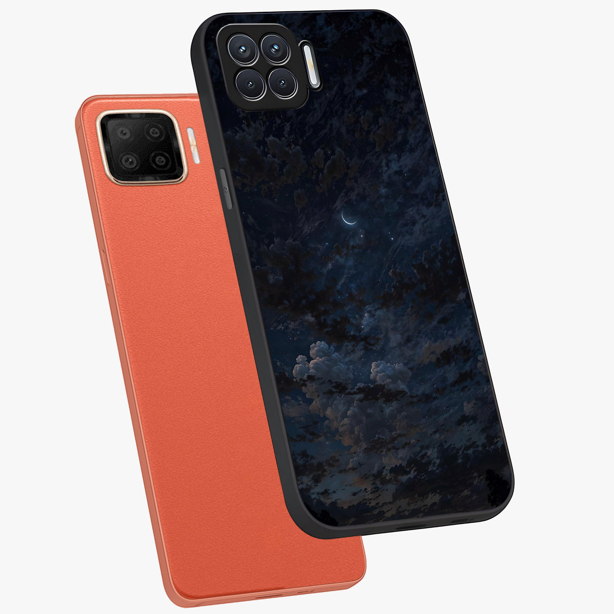 Lunar Veil Silence Glass Case displayed in angled mockup highlighting soft lunar design with peaceful celestial aesthetic.