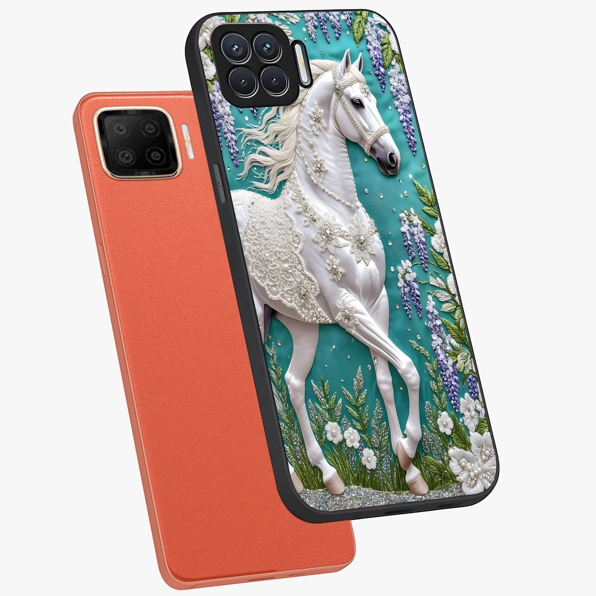 Majestic Floral Stallion Glass Case displayed in angled mockup highlighting majestic stallion illustration with elegant floral aesthetic.