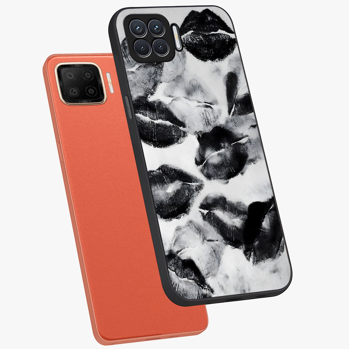 Midnight Kiss Marks Glass Case displayed in angled mockup highlighting playful romantic design with bold midnight aesthetic.