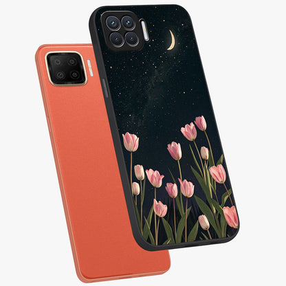 Midnight Tulip Whispers Vibe Glass Case displayed in angled mockup highlighting delicate tulip design with midnight floral aesthetic.
