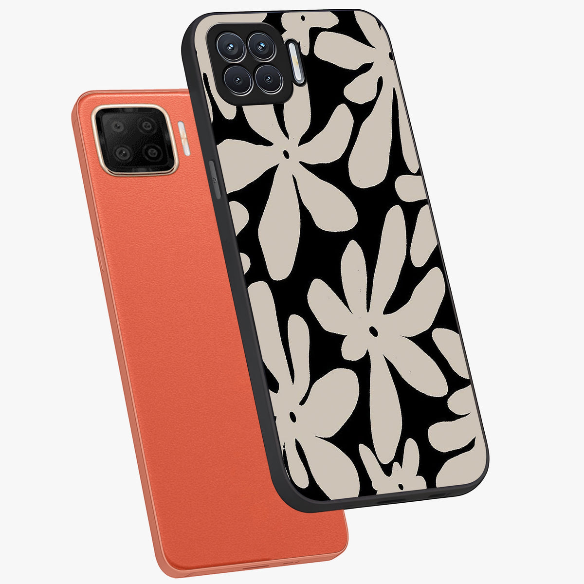 Monochrome Petal Dance Glass Case displayed in angled mockup highlighting elegant petal design with black and white aesthetic.