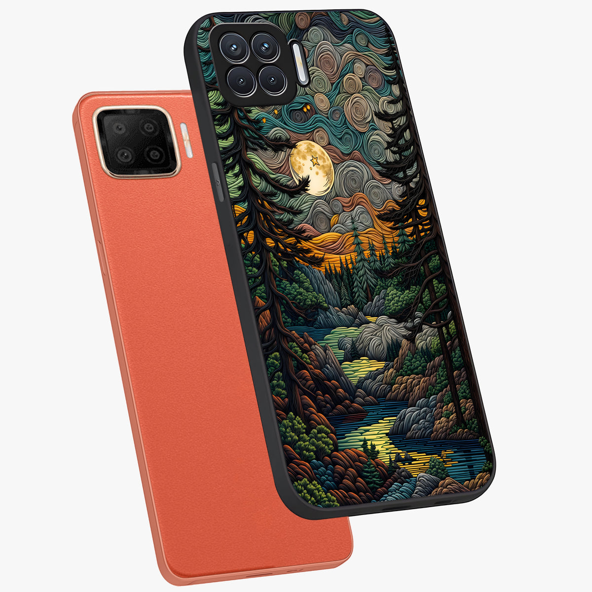 Moonlight Forest Dream Glass Case displayed in angled mockup highlighting dreamy forest design with glowing moon aesthetic.