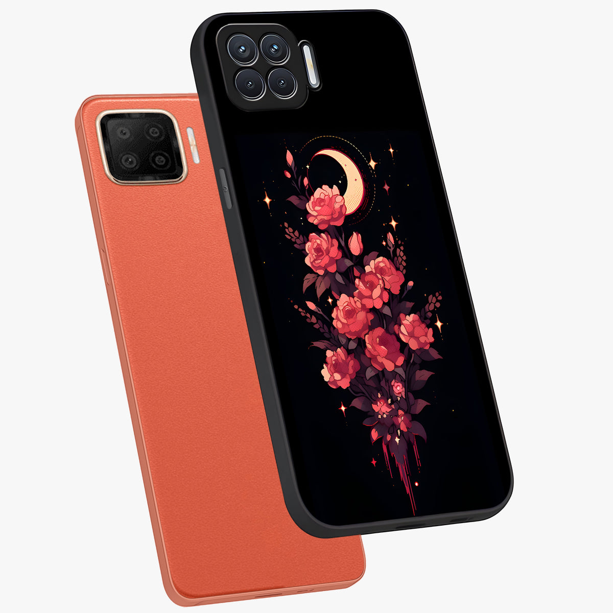 Moonlit Floral Elegance Glass Case displayed in angled mockup highlighting graceful flower design with soft moonlight aesthetic.