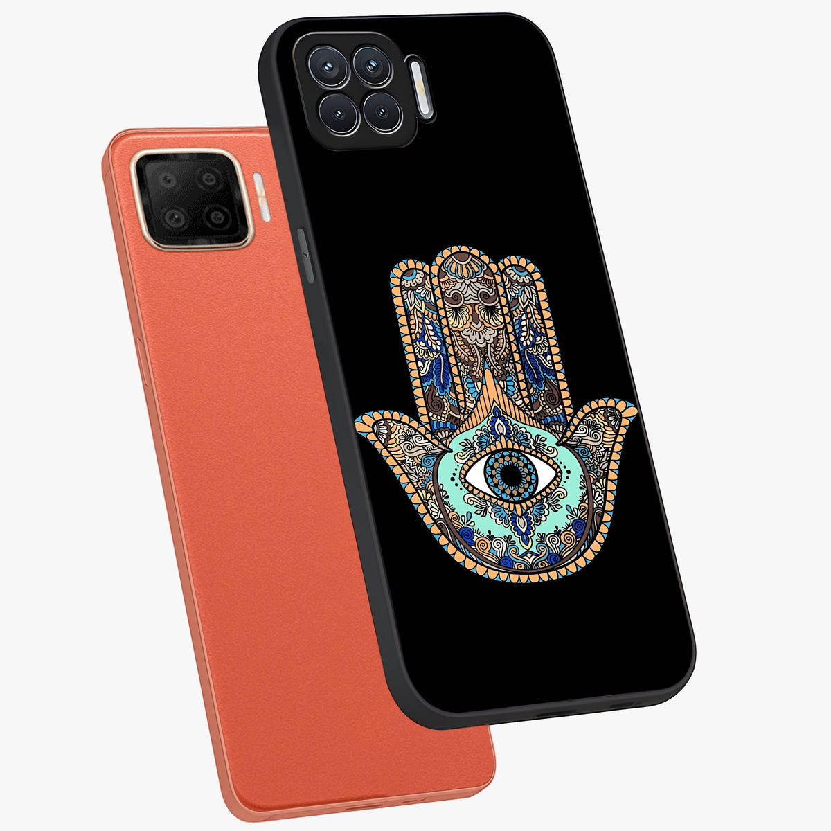 Mystic Hamsa Eye Glass Case displayed in angled mockup highlighting spiritual hamsa symbol with mystical aesthetic style.