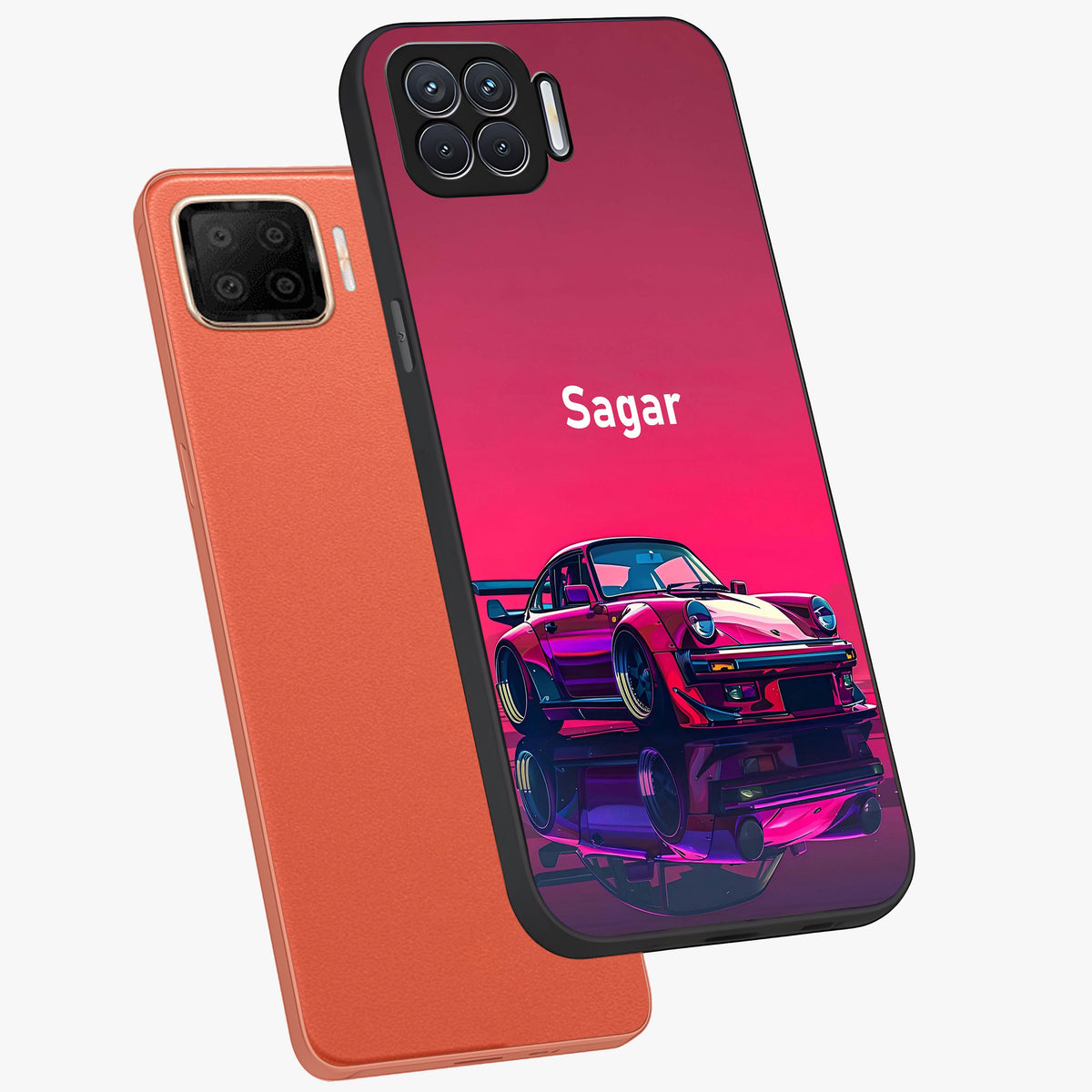 Neon Pink Porsche Glass Case displayed in angled mockup highlighting sleek neon pink car design with racing aesthetic.
