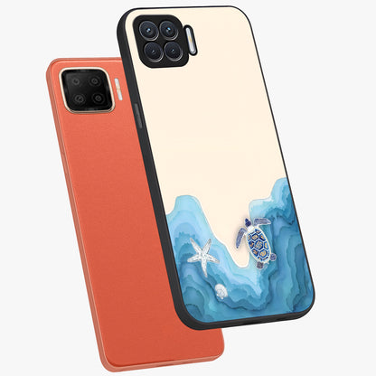 Ocean Drift Turtle Glass Case displayed in angled mockup highlighting peaceful ocean turtle illustration with marine aesthetic.