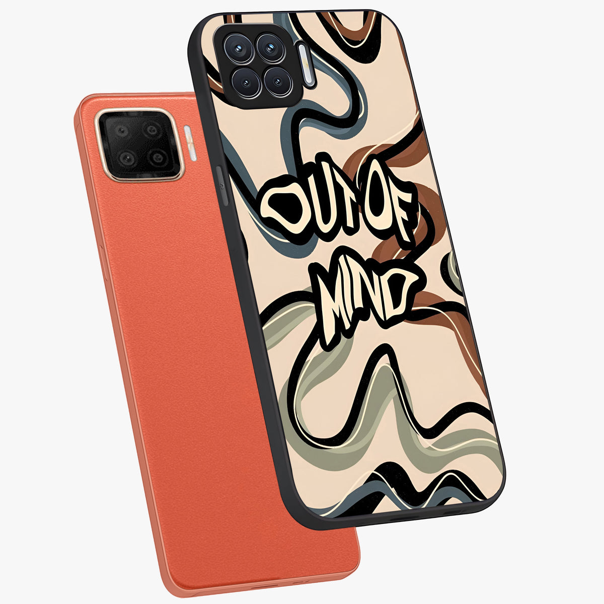 Out Of Mind Glass Case displayed in angled mockup highlighting bold statement design with modern artistic aesthetic.