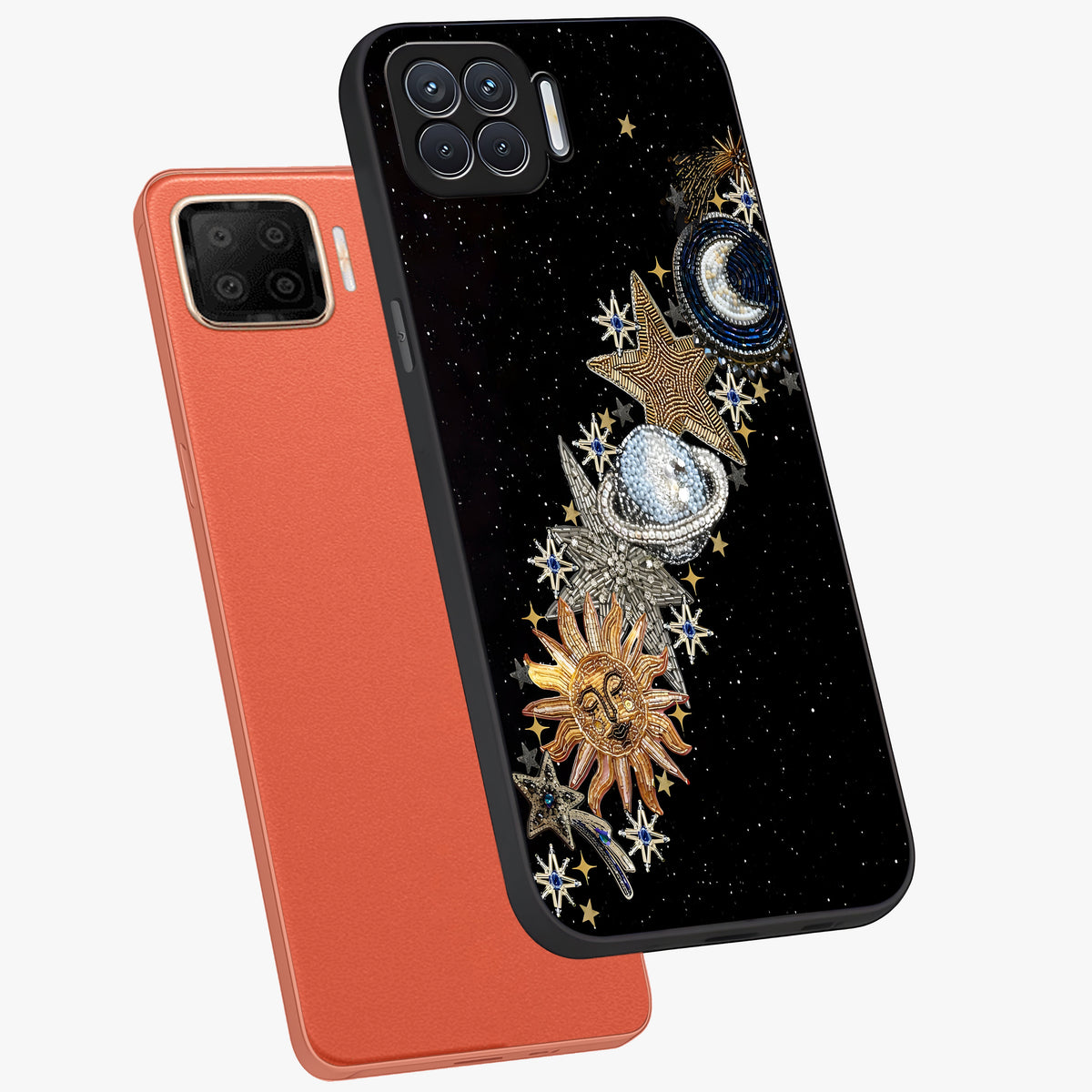 Pearls Universe Object Glass Case displayed in angled mockup highlighting celestial pearl design with dreamy aesthetic.
