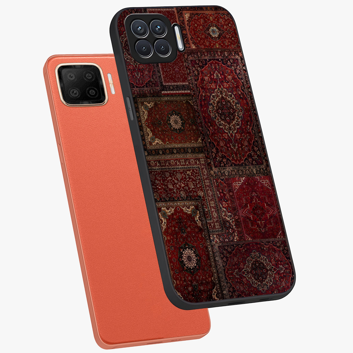 Persian Velvet Tale Glass Case displayed in angled mockup highlighting ornate textile inspired design with royal aesthetic.