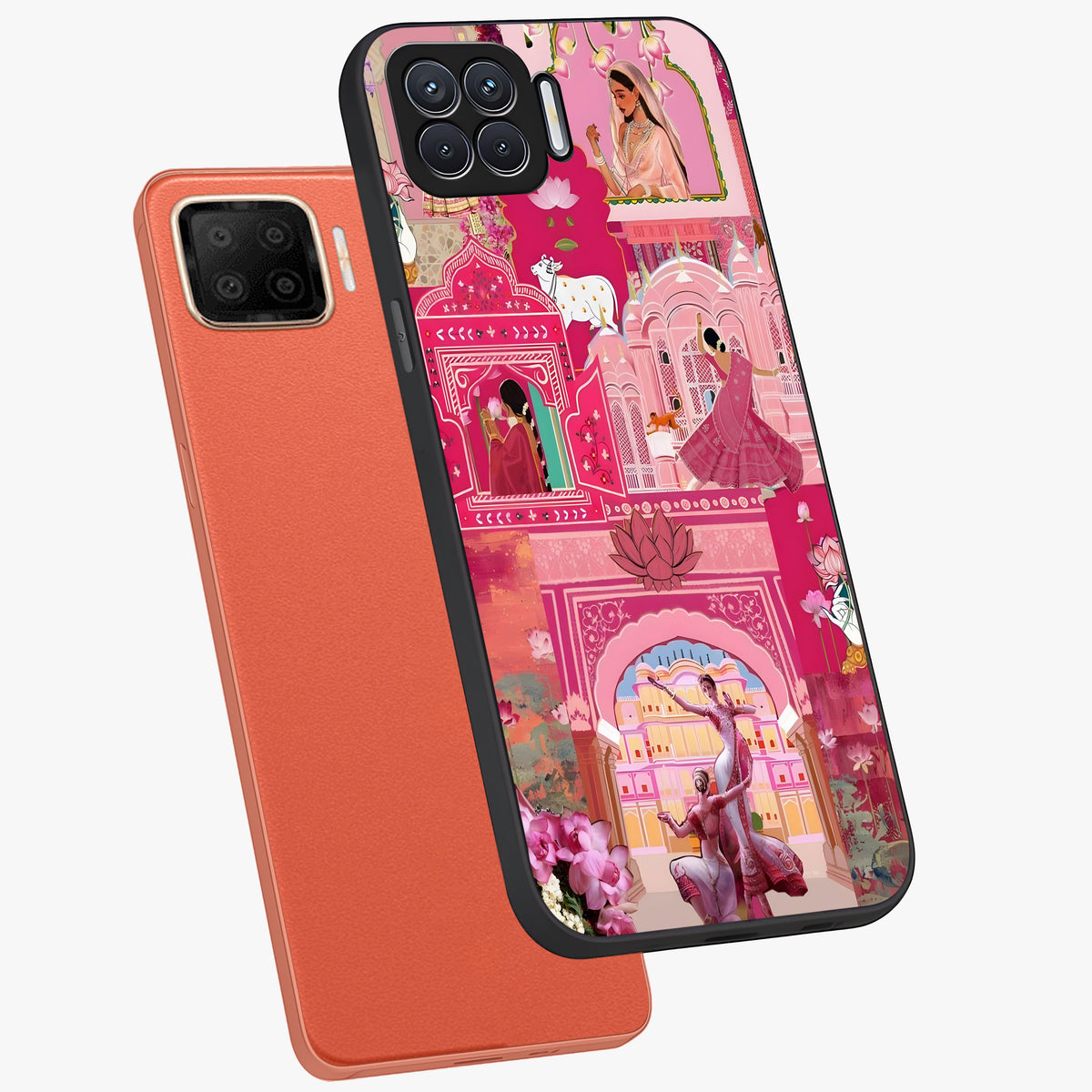 Pink Palace Muse Glass Case displayed in angled mockup highlighting dreamy palace illustration with soft pink aesthetic.