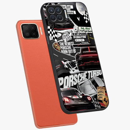 Porsche Racing Collage Glass Case displayed in angled mockup highlighting dynamic automotive design with bold racing aesthetic.
