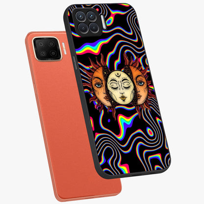 Psychedelic Sun Glass Case displayed in angled mockup highlighting vibrant abstract sun design with artistic aesthetic style.