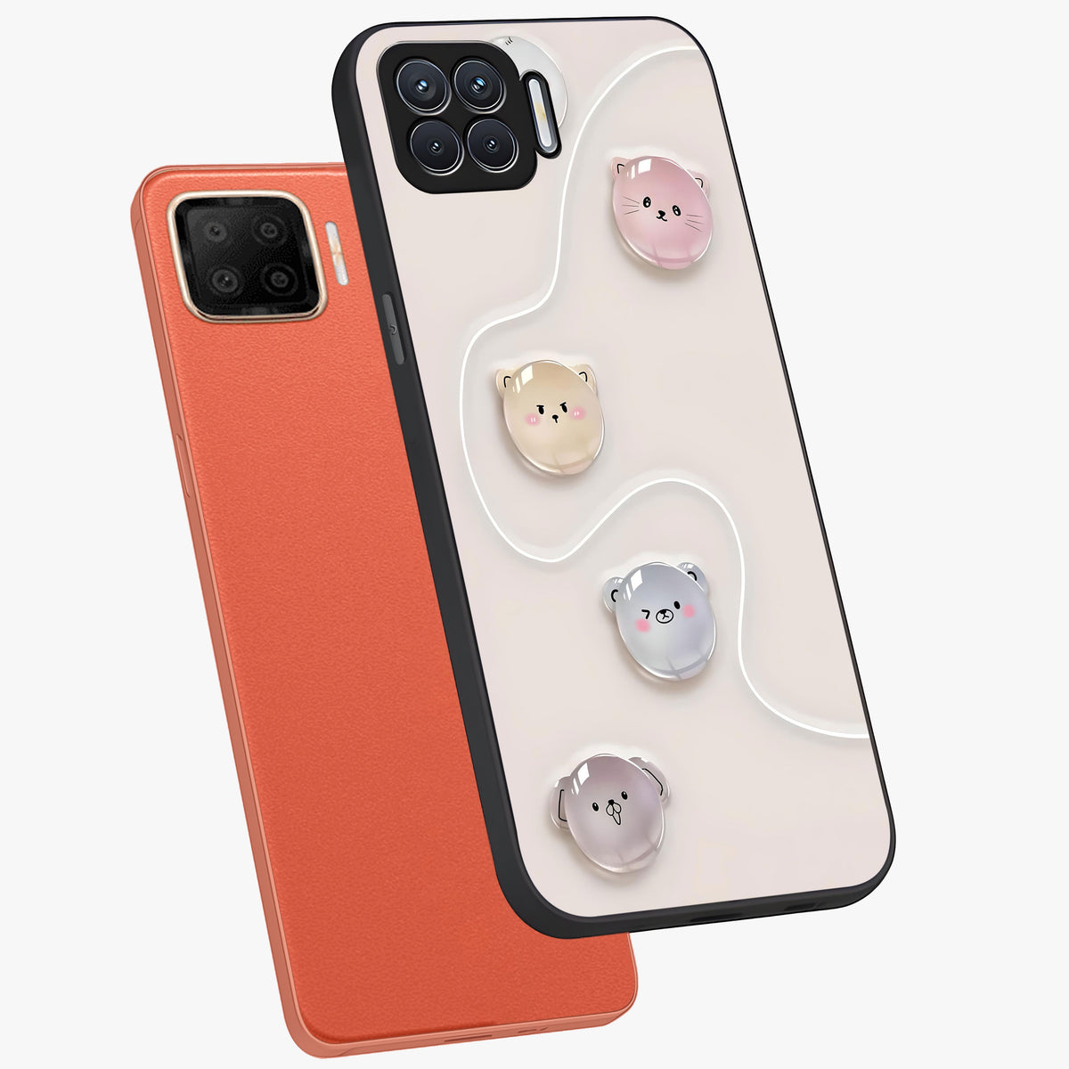 Puffy Face Parade Glass Case displayed in angled mockup highlighting playful cartoon face design with fun aesthetic.
