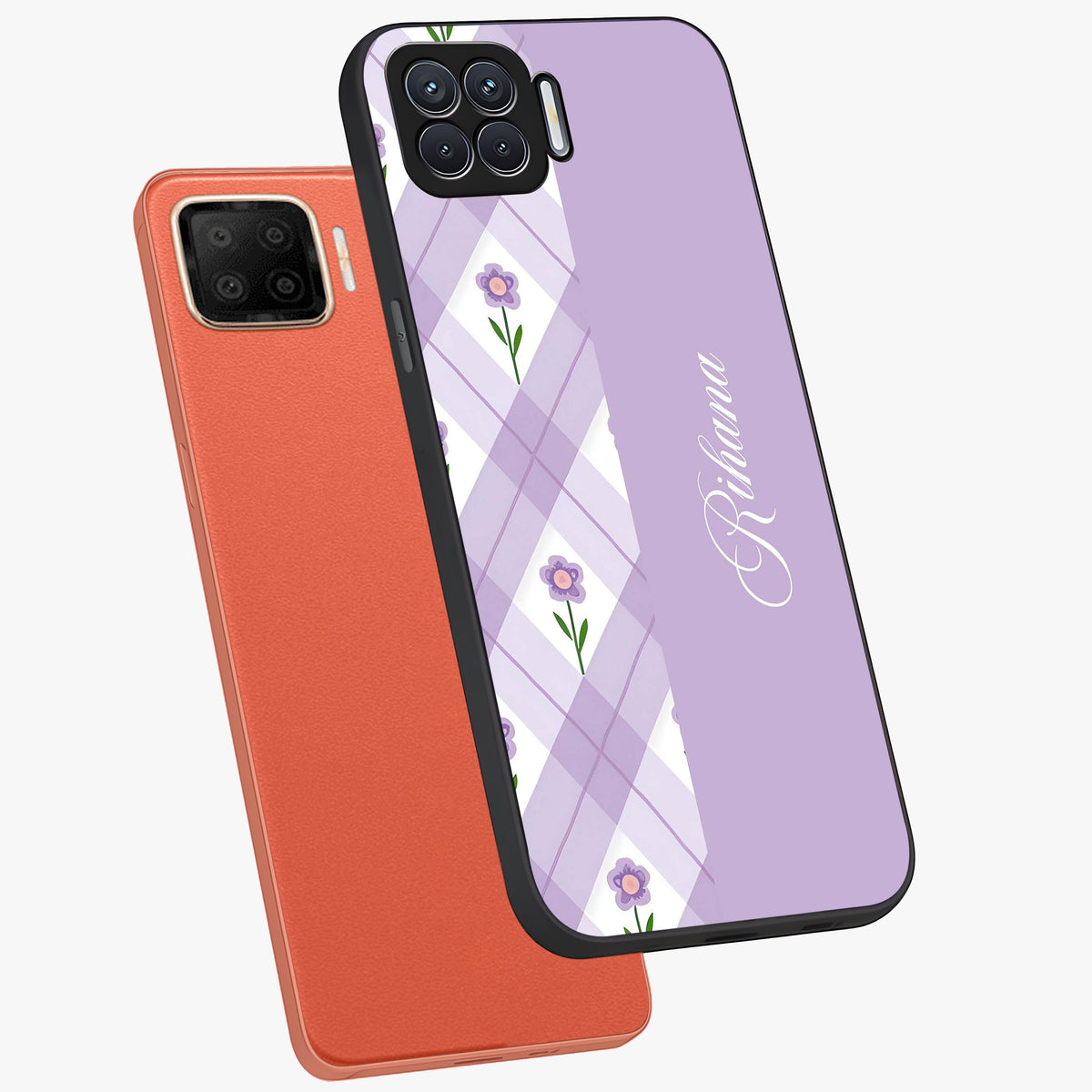 Purple Diamond Floral Glass Case displayed in angled mockup highlighting elegant purple flower design with decorative pattern.