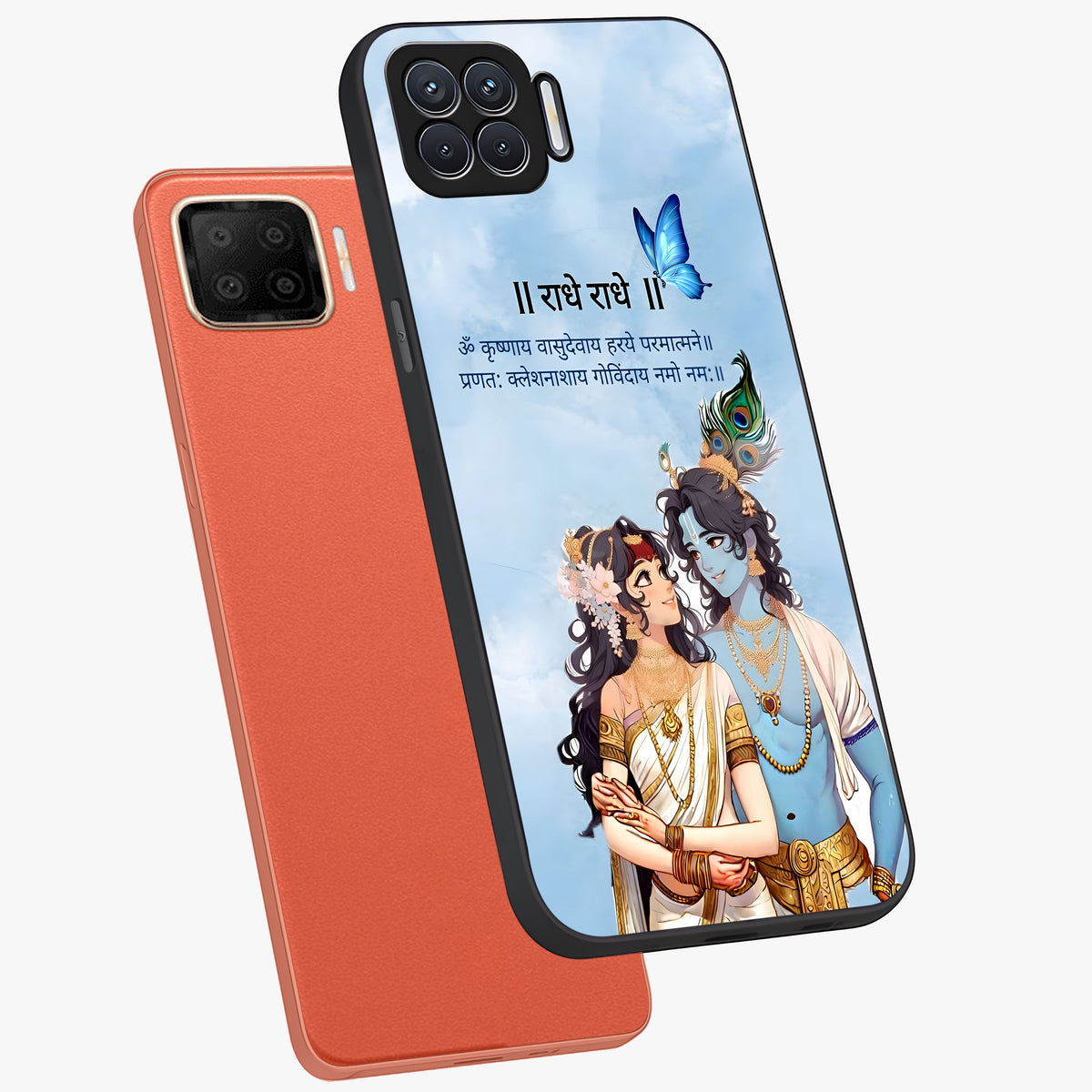 Radha Krishna Eternal Glass Case displayed in angled mockup highlighting divine Radha Krishna illustration with spiritual aesthetic.