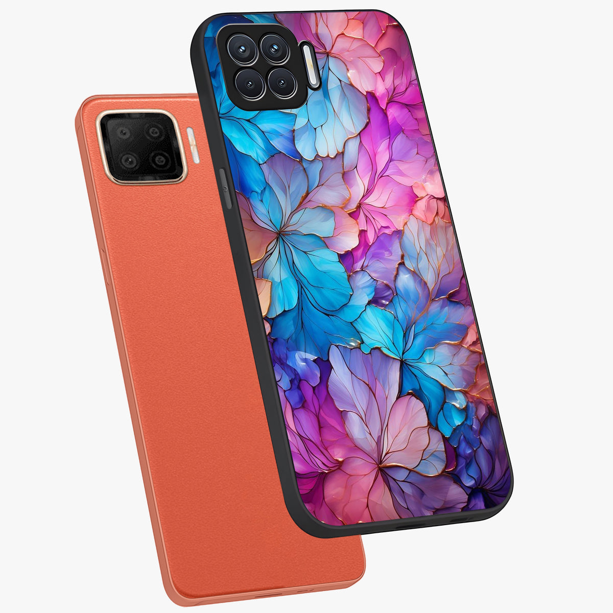 Radiant Floral Whirl Glass Case displayed in angled mockup highlighting vibrant flower pattern with dynamic artistic aesthetic.