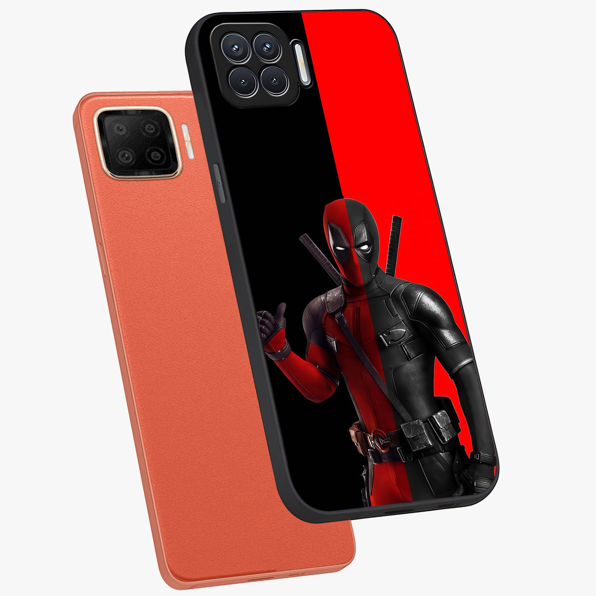 Red & Black Deadpool Theme Glass Case displayed in angled mockup highlighting vibrant superhero style illustration with action aesthetic.