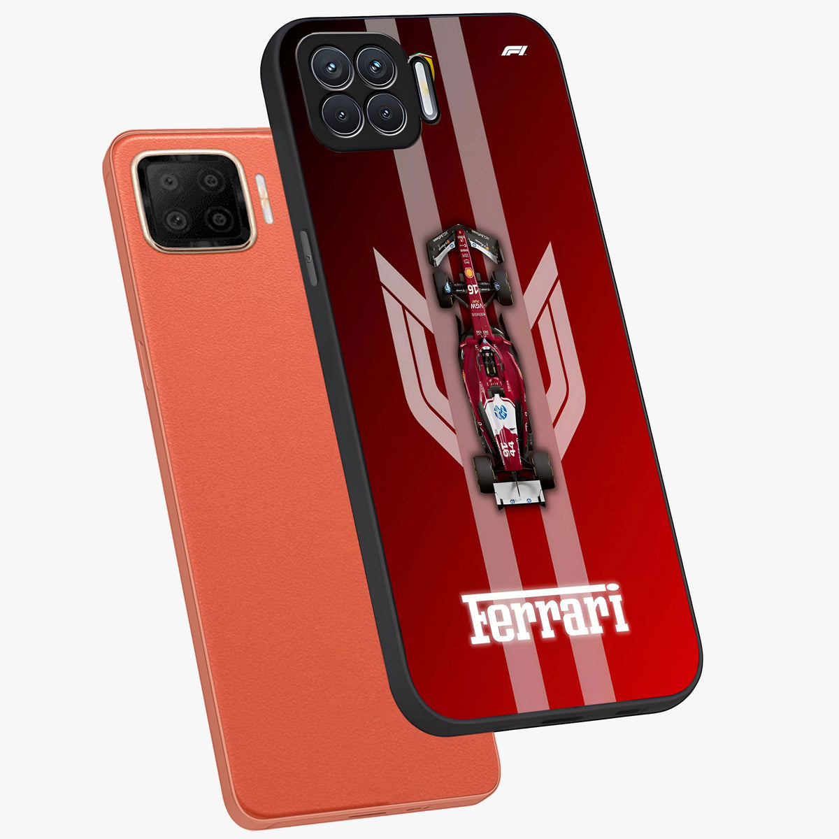 Red Ferrari F1 Vertical Glass Case displayed in angled mockup highlighting high speed racing design with bold automotive aesthetic.