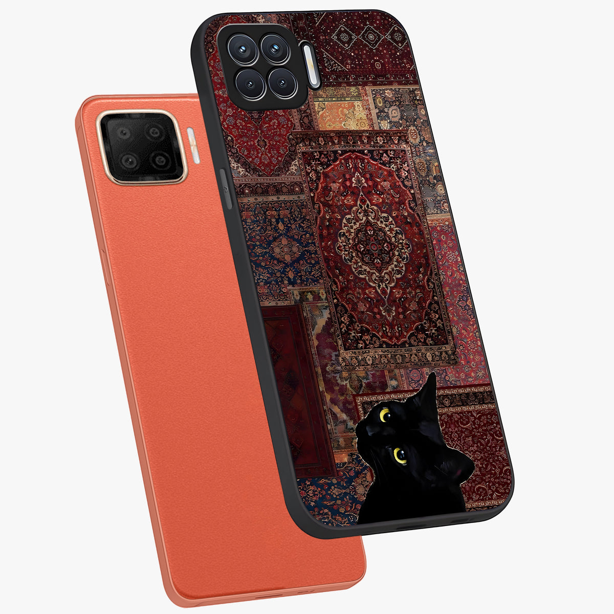 Regal Magic Cat Apple Glass Case displayed in angled mockup highlighting whimsical feline design with fantasy aesthetic.