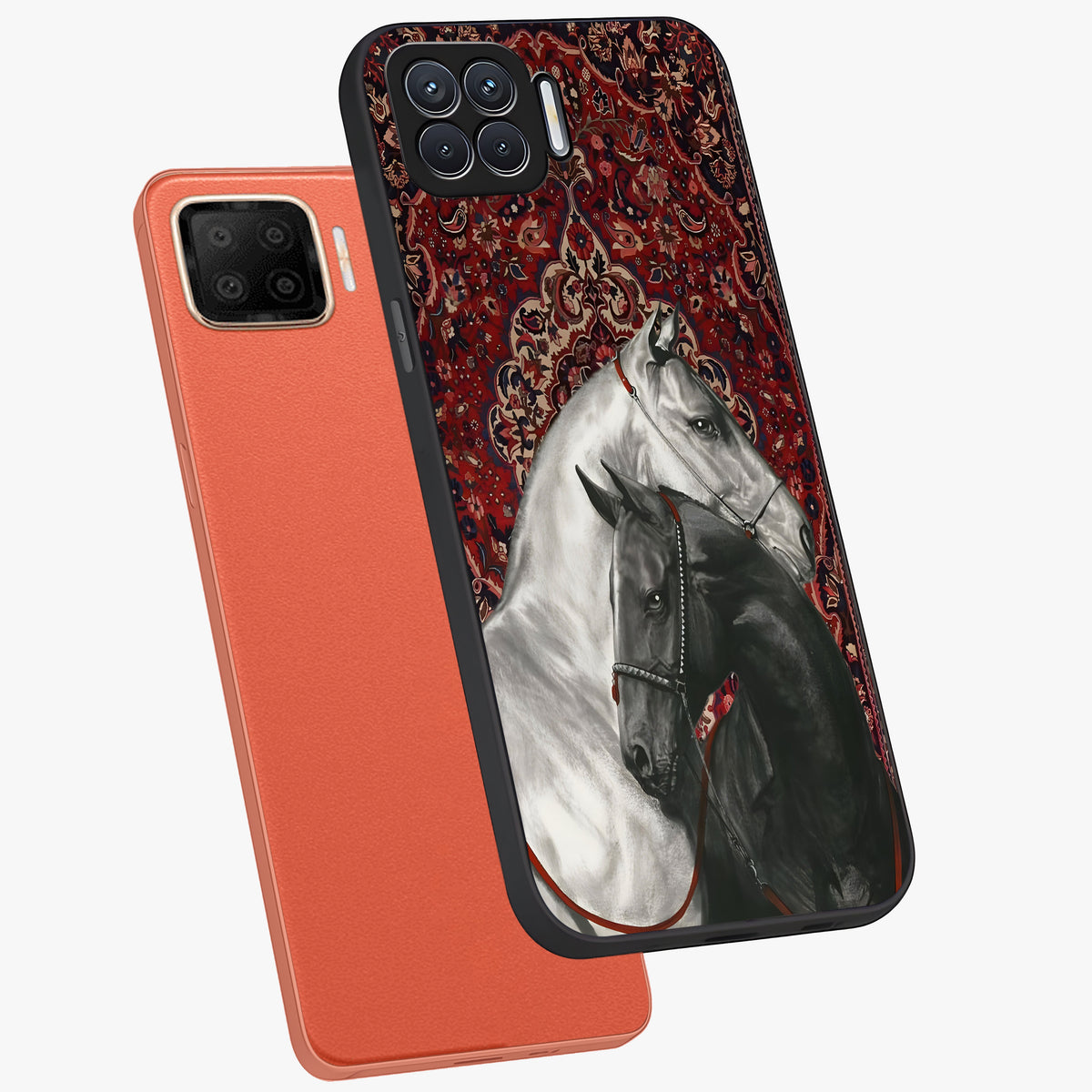 Regal Stallion Tapestry Glass Case displayed in angled mockup highlighting royal stallion design with decorative heritage aesthetic.