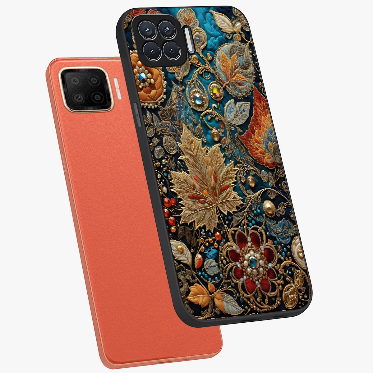 Royal Jewel Garden Glass Case displayed in angled mockup highlighting vibrant jewel inspired floral design with elegant aesthetic.