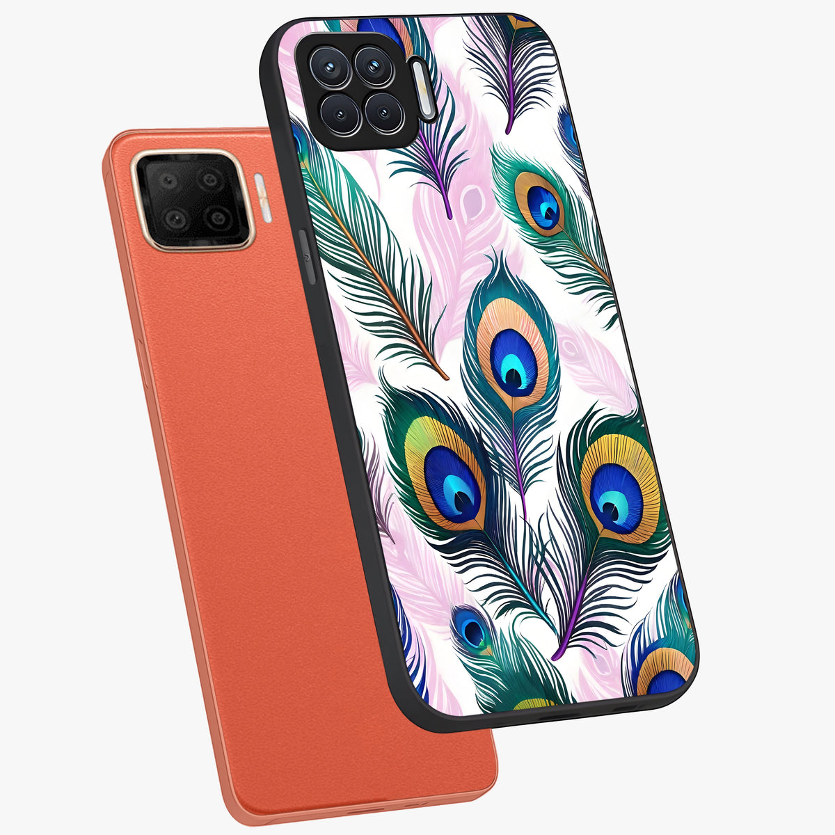 Royal Peacock Feathers Glass Case displayed in angled mockup highlighting vibrant feather pattern with regal aesthetic style.