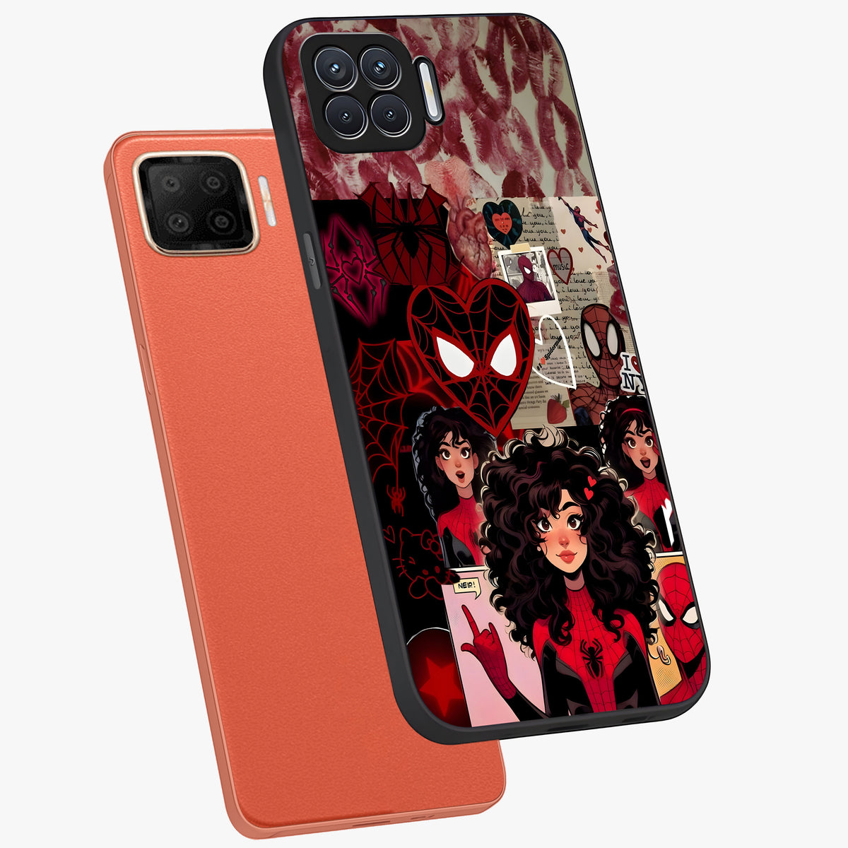 Spider Love Story Glass Case displayed in angled mockup highlighting expressive comic inspired design with playful aesthetic.
