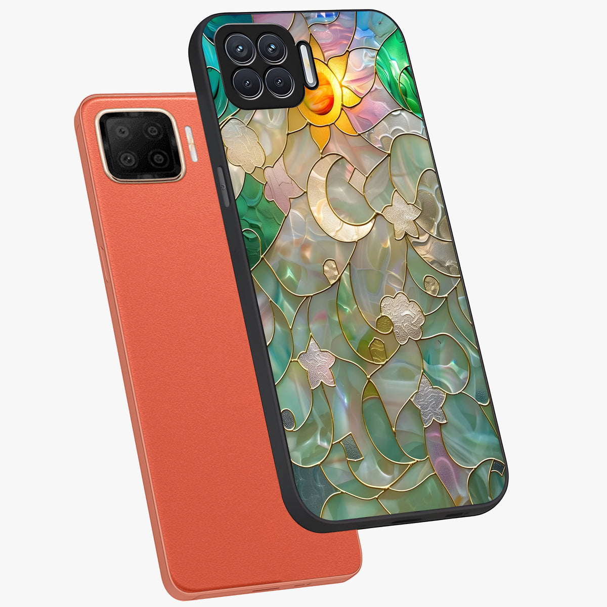 Stained Sunrise Glow Glass Case displayed in angled mockup highlighting radiant sunrise design with artistic aesthetic style.