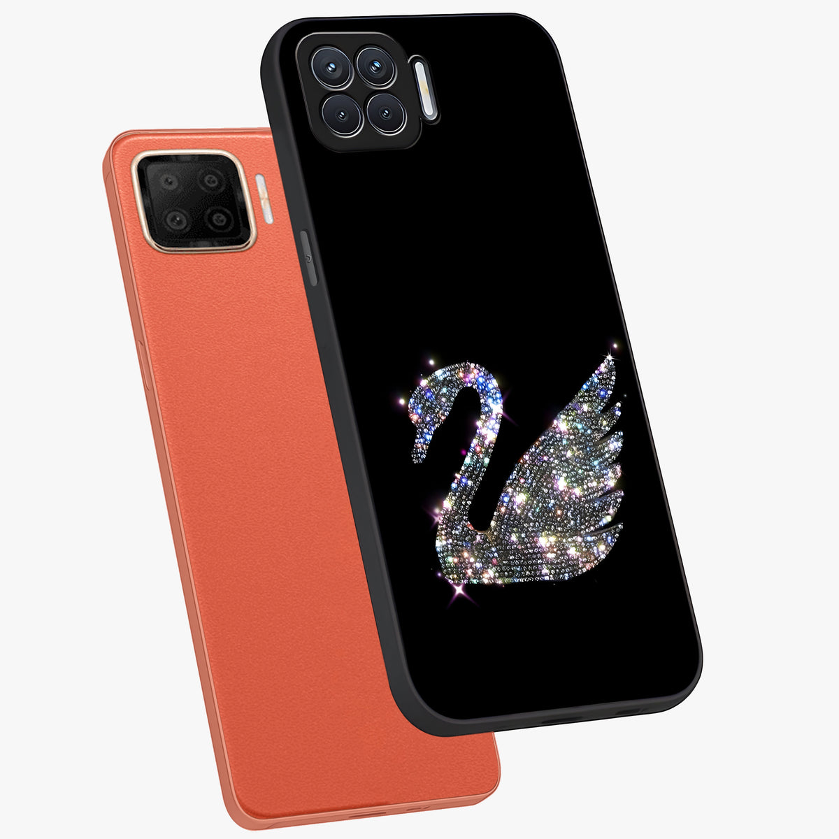 Starlit Swan Grace Glass Case displayed in angled mockup highlighting elegant swan illustration with dreamy celestial aesthetic.