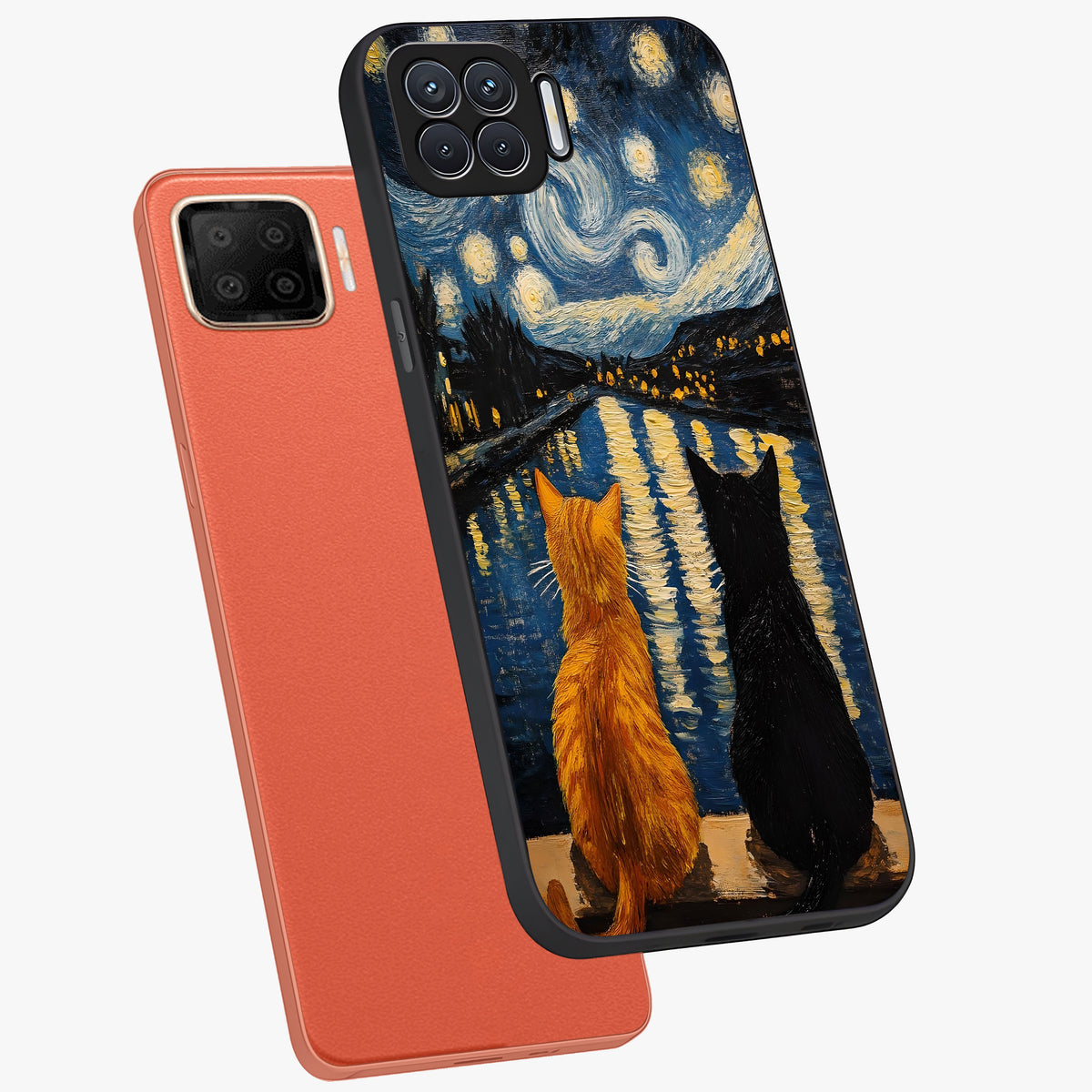 Starry River Cats Glass Case displayed in angled mockup highlighting charming feline illustration with dreamy night aesthetic.