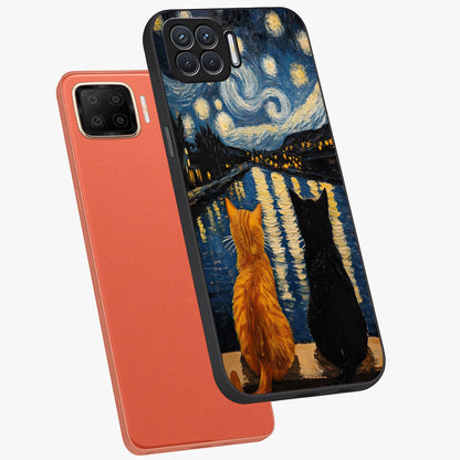 Starry River Cats Glass Case displayed in angled mockup highlighting charming feline illustration with dreamy night aesthetic.