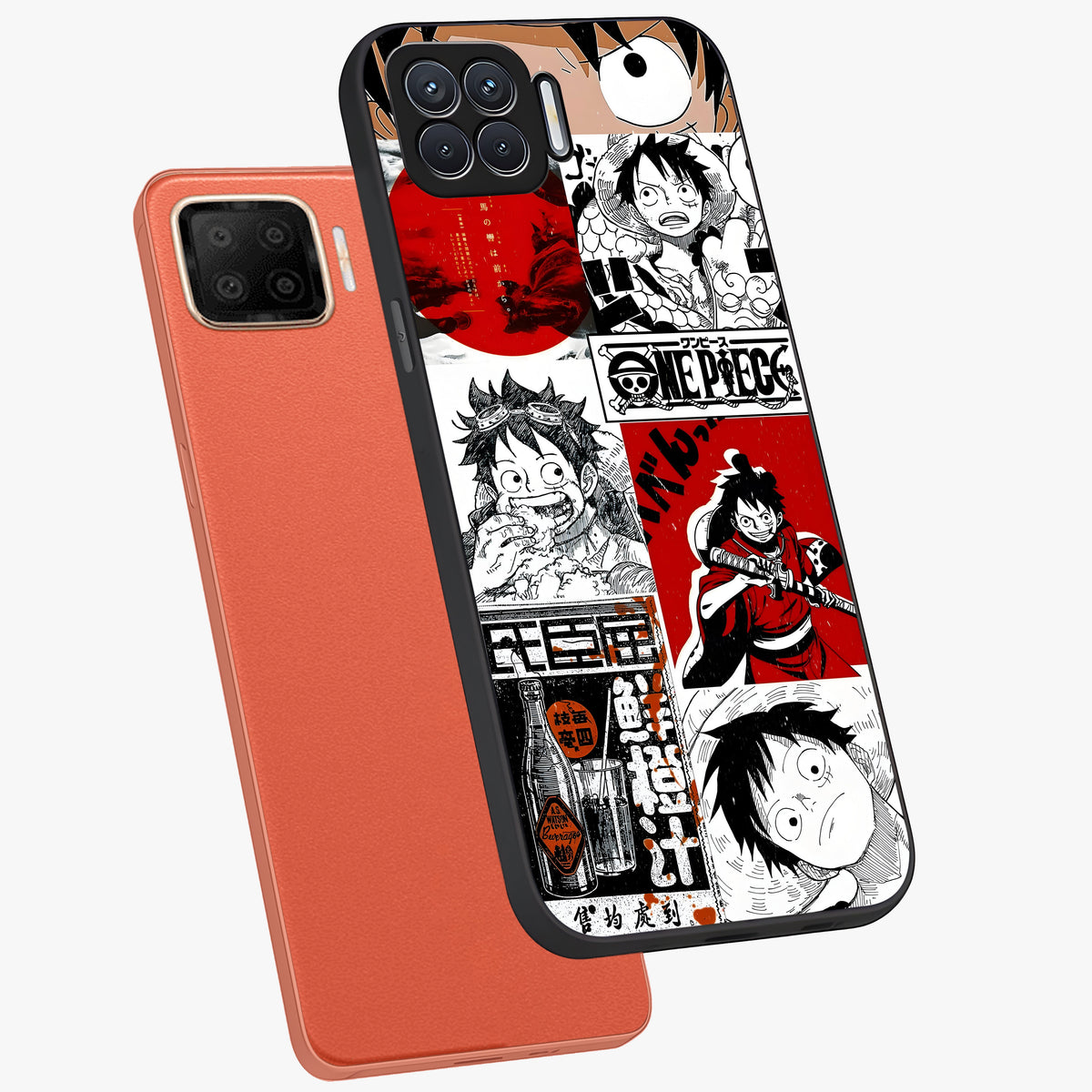 Strawhat Chaos Panels Glass Case displayed in angled mockup highlighting vibrant anime collage design with action aesthetic.