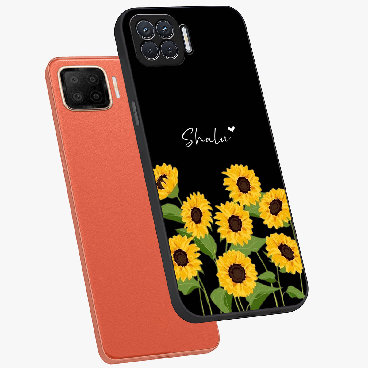 Sunflower Chic Mood Custom Name Glass Case displayed in angled mockup highlighting vibrant sunflower design with custom name feature.