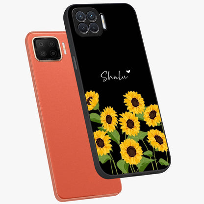 Sunflower Chic Mood Custom Name Glass Case displayed in angled mockup highlighting vibrant sunflower design with custom name feature.