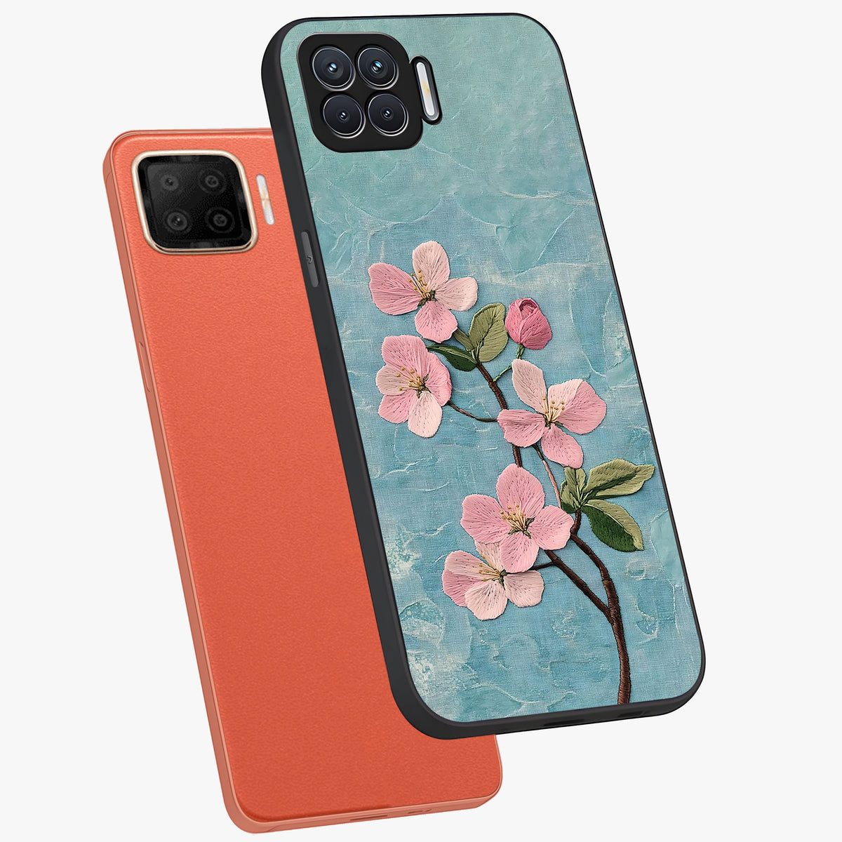 Threaded Blossom Breeze Glass Case displayed in angled mockup highlighting elegant floral design with soft aesthetic style.