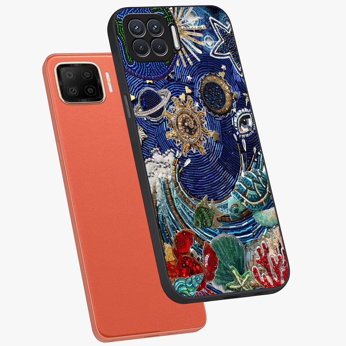 Universe Underwater Spark Glass Case displayed in angled mockup highlighting glowing aquatic design with celestial aesthetic.