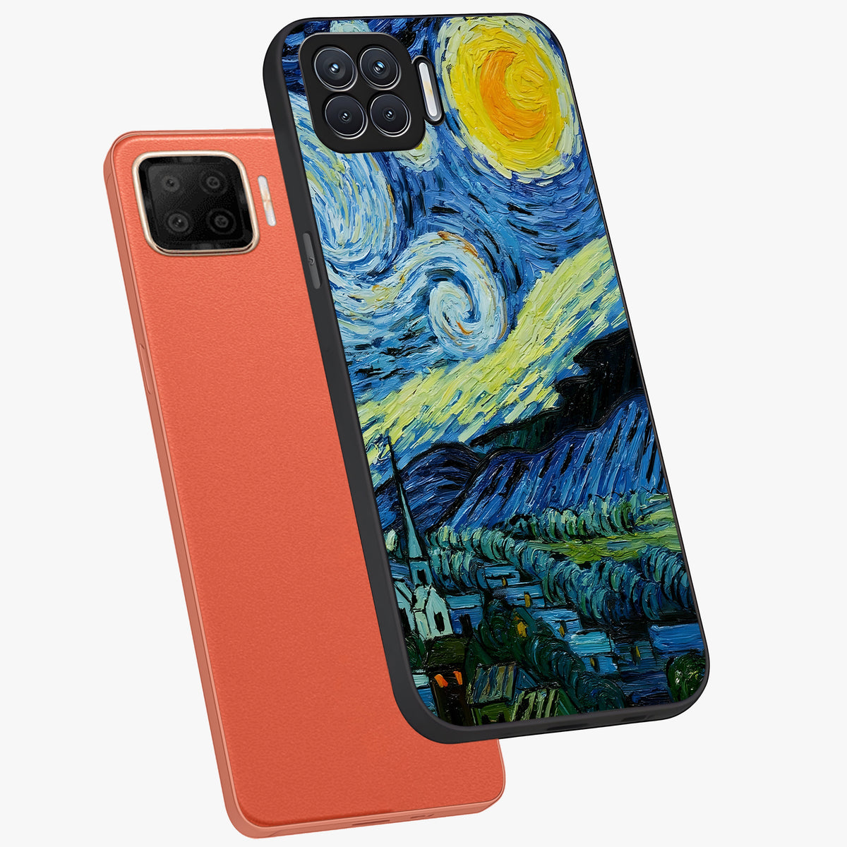 Van Gogh Art Glass Case displayed in angled mockup highlighting swirling brushstroke design with artistic aesthetic.