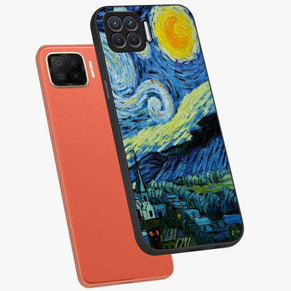 Van Gogh Art Glass Case displayed in angled mockup highlighting swirling brushstroke design with artistic aesthetic.