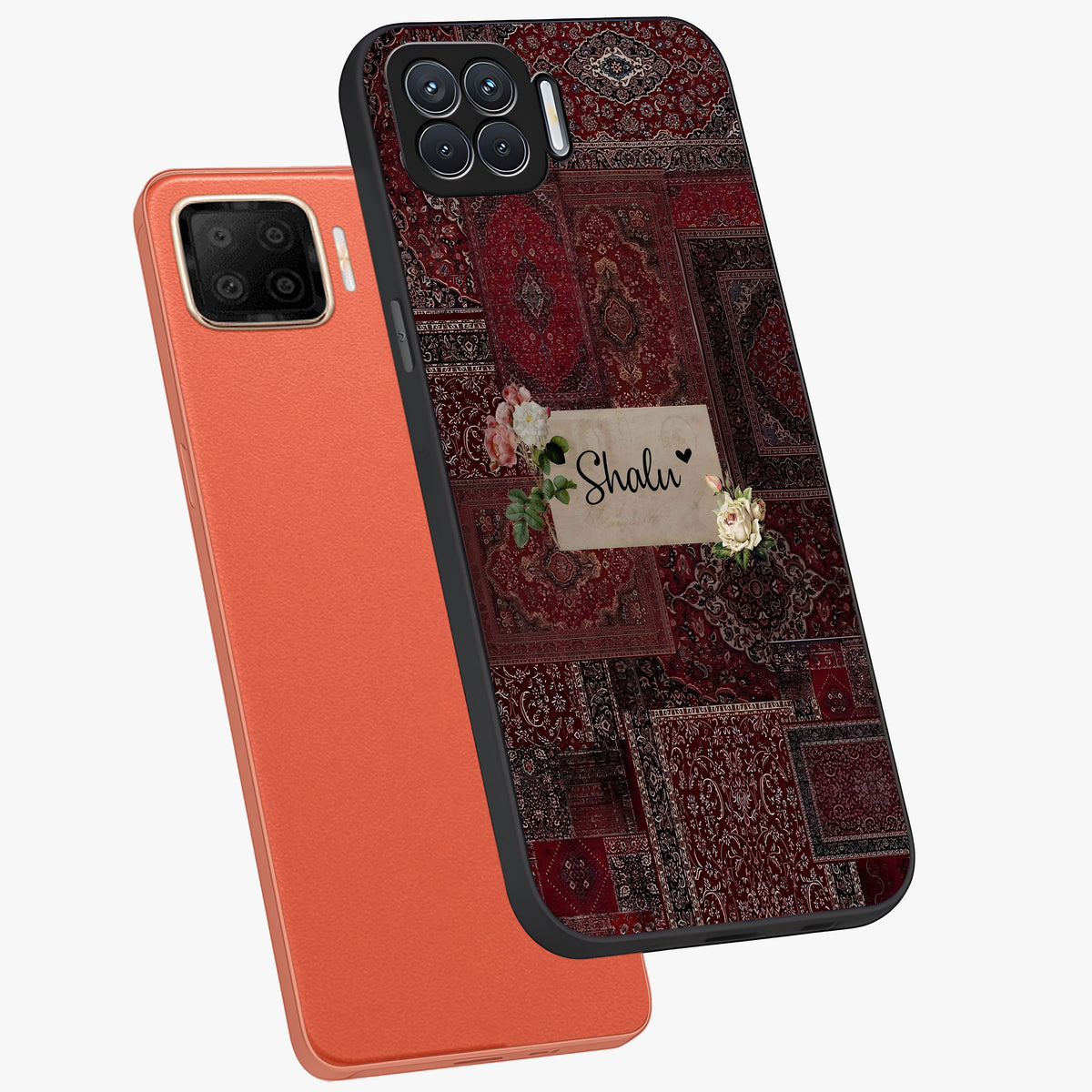 Velvet Wine Pattern Custom Name Glass Case displayed in angled mockup highlighting decorative velvet inspired design with custom name feature.