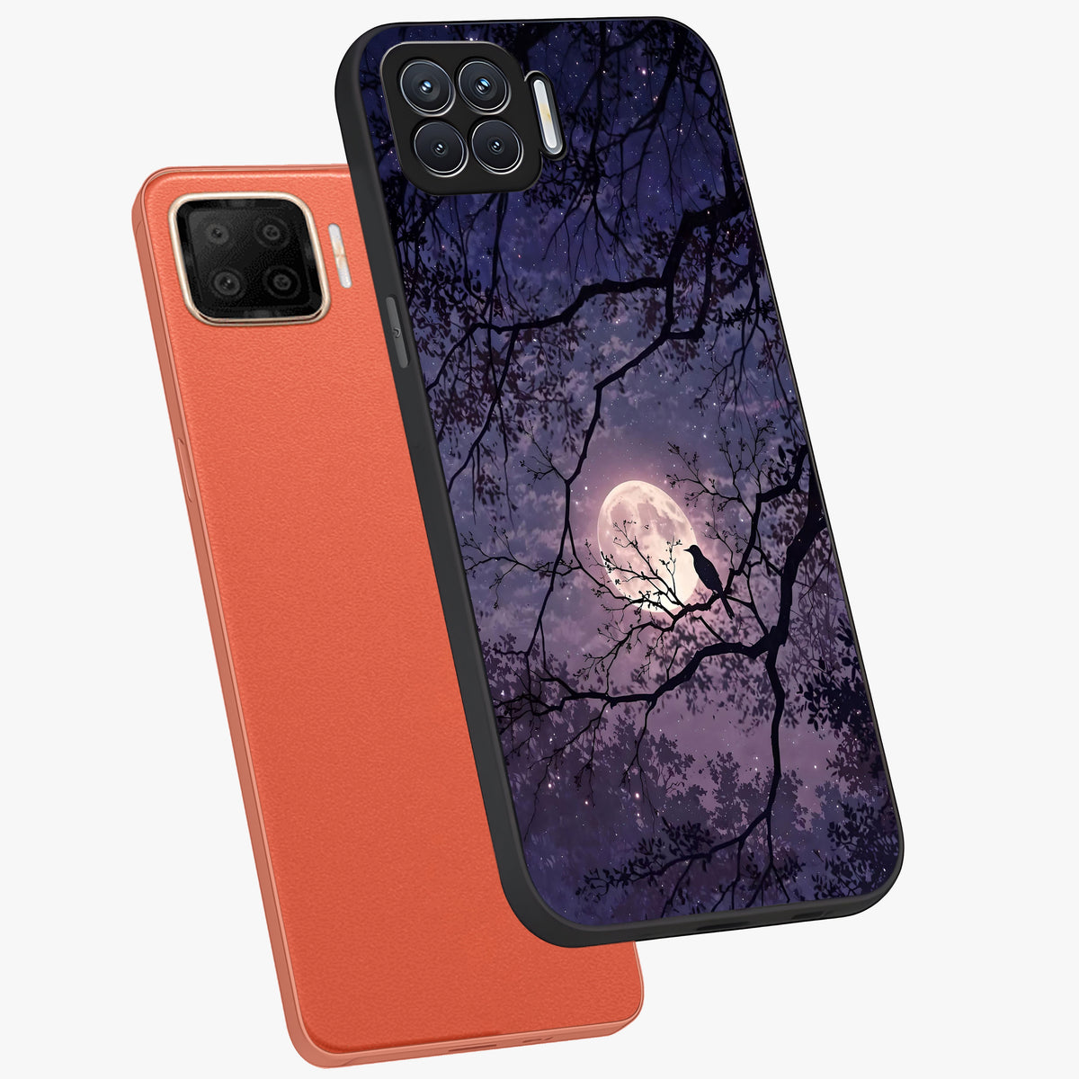 Whispering Moon Silence Glass Case displayed in angled mockup highlighting calm lunar design with dreamy night aesthetic.