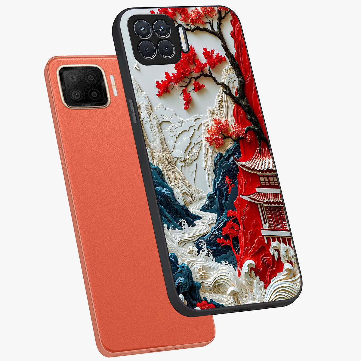 Whispers Of Sakura Waves Glass Case displayed in angled mockup highlighting flowing sakura design with soft floral aesthetic.